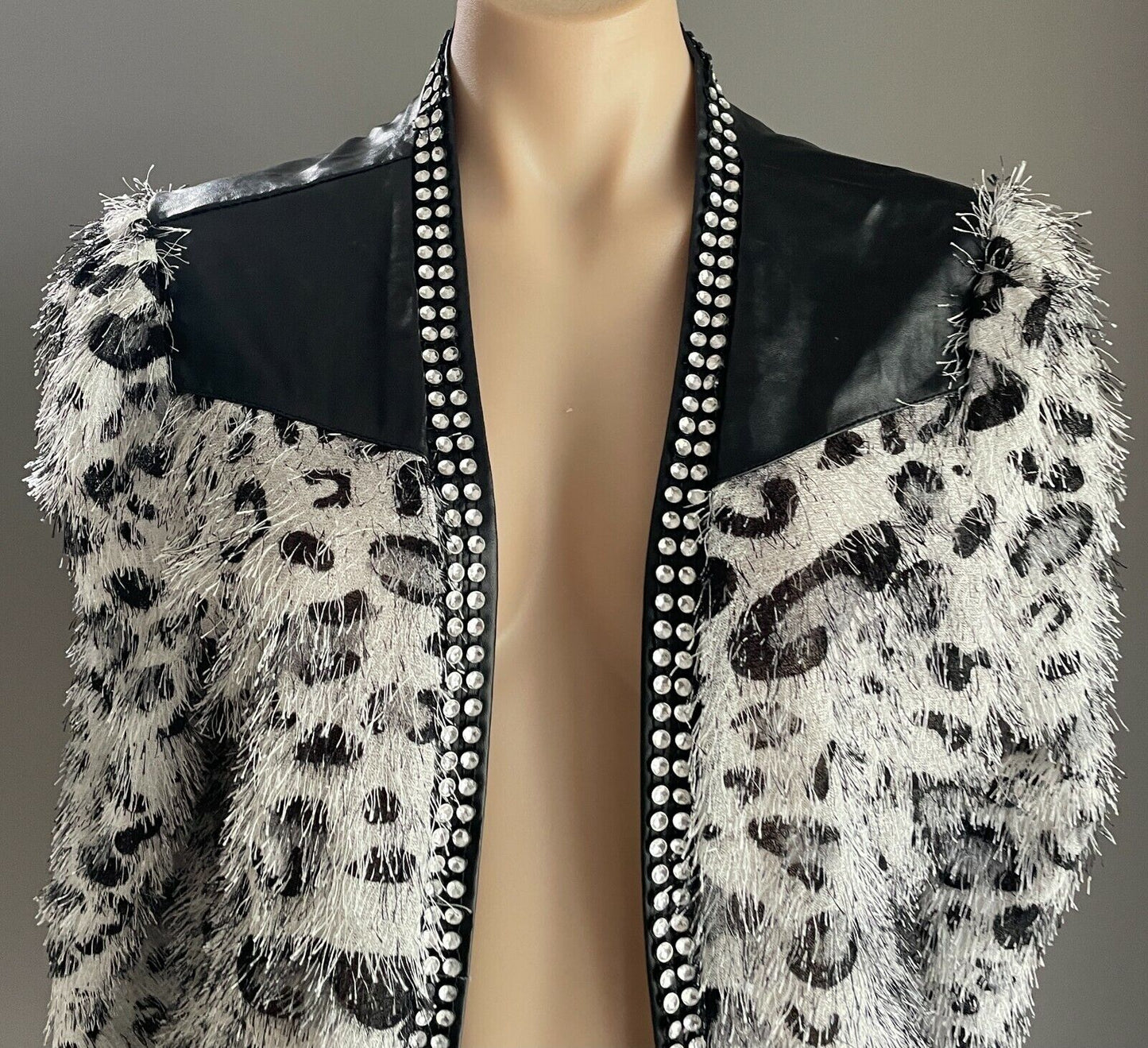 AC GIRL Cardigan Grey Black Eyelash Fabric Leopard Print PU & Crystals XL 12 NEW