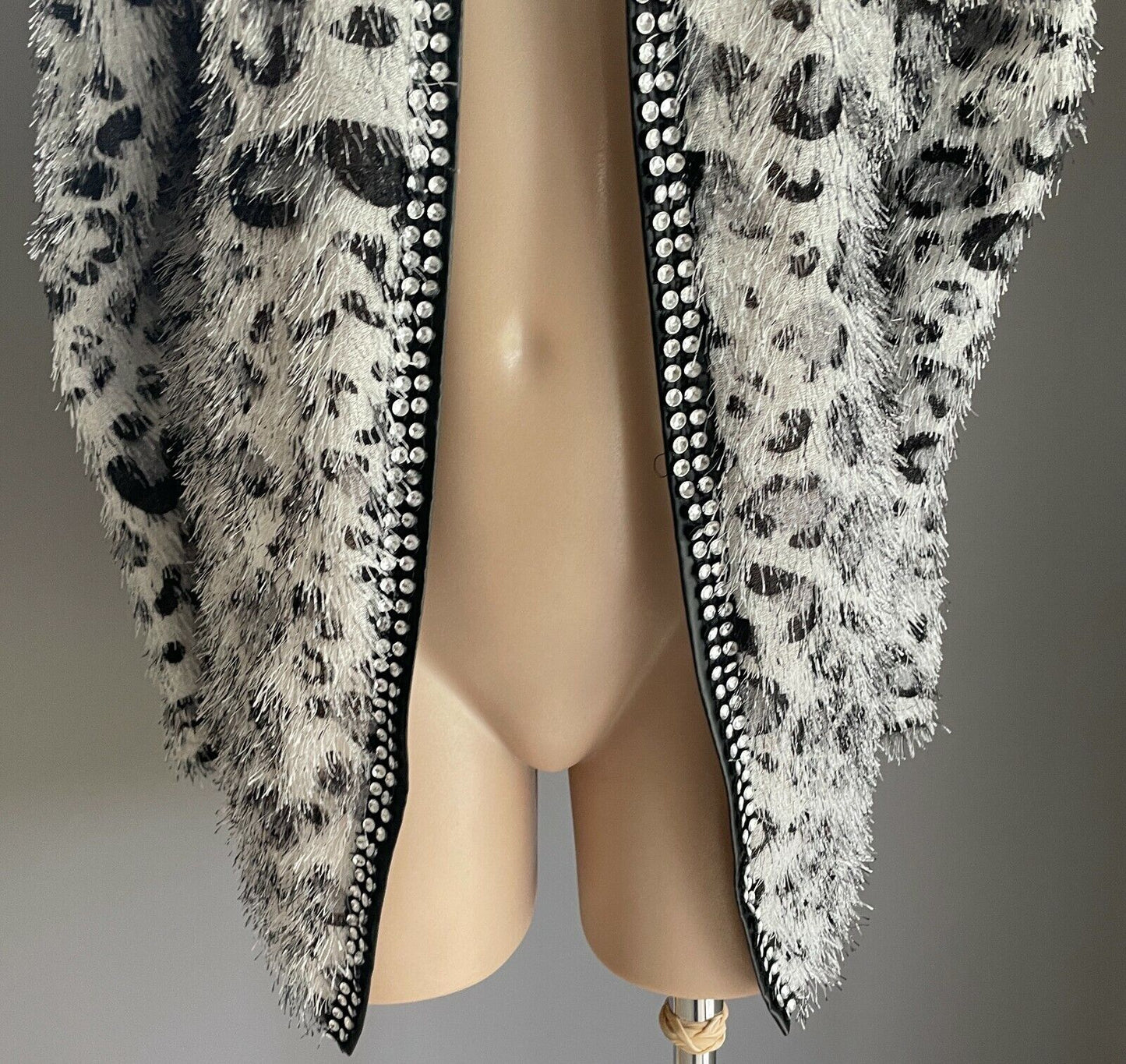 AC GIRL Cardigan Grey Black Eyelash Fabric Leopard Print PU & Crystals XL 12 NEW