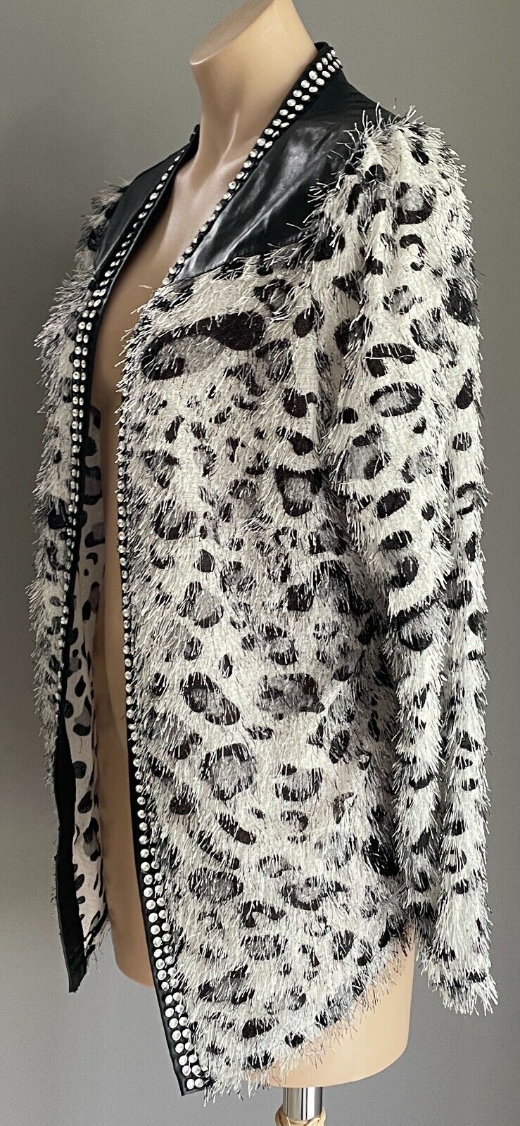 AC GIRL Cardigan Grey Black Eyelash Fabric Leopard Print PU & Crystals XL 12 NEW