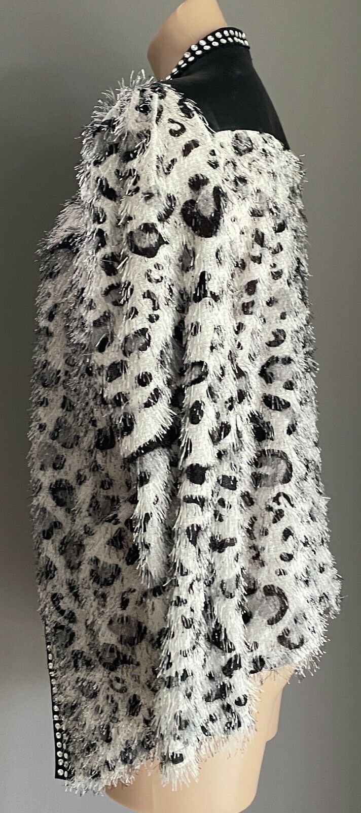 AC GIRL Cardigan Grey Black Eyelash Fabric Leopard Print PU & Crystals XL 12 NEW