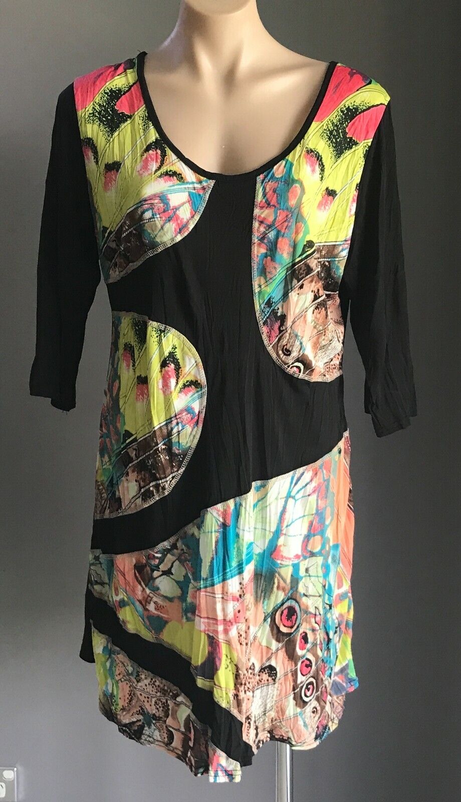 WHISPERS Tunic Top Black & Multi Colour Print 3/4 Sleeve Ladies Size M 12