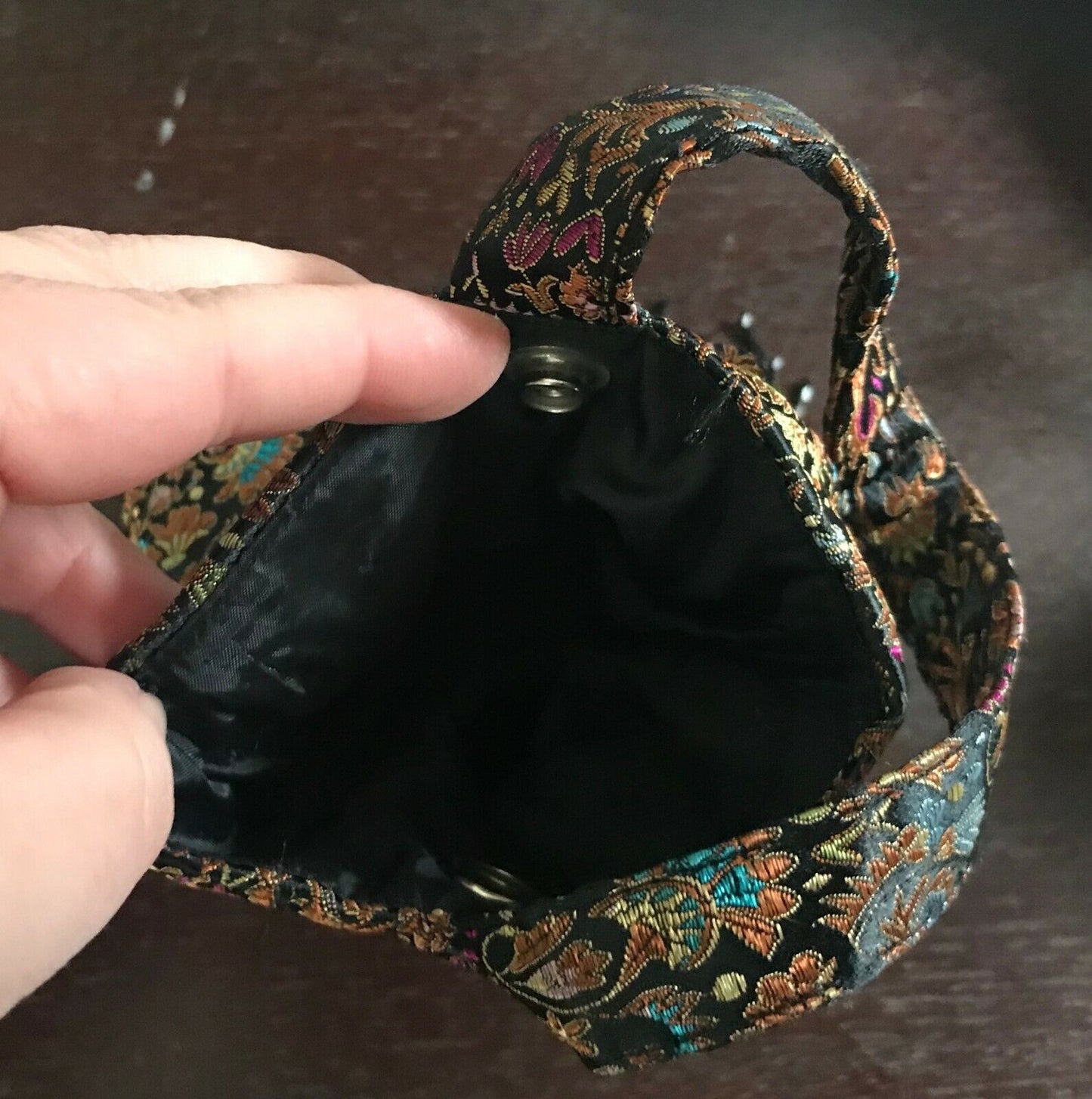 Small Paisley Bag Bead Fringed Black & MultiColoured Fabric Floral Purse Uniqu