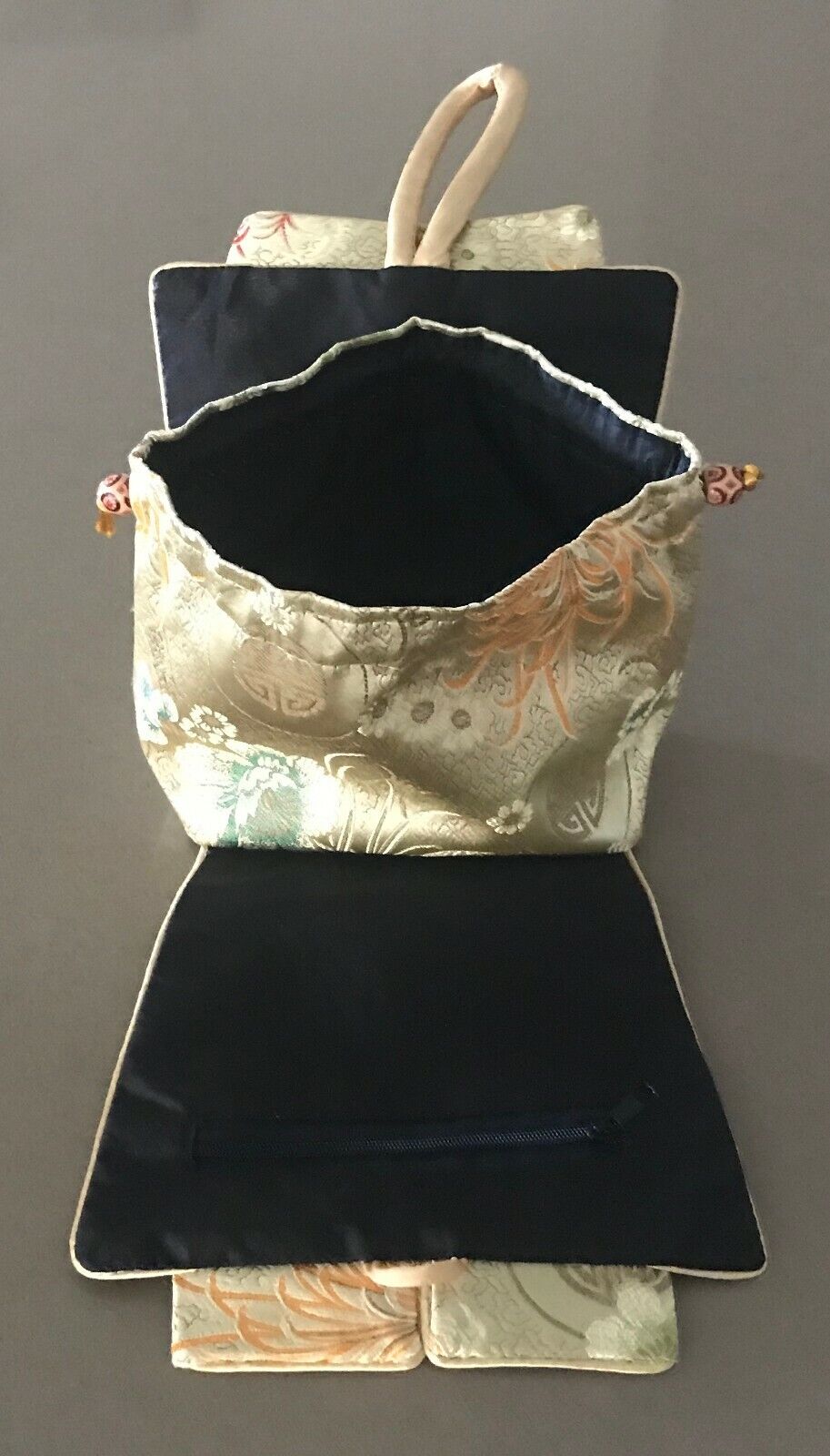 Oriental Handbag Satin Bag Shades of Gold Red Green Fabric Pouch Stunning Unique