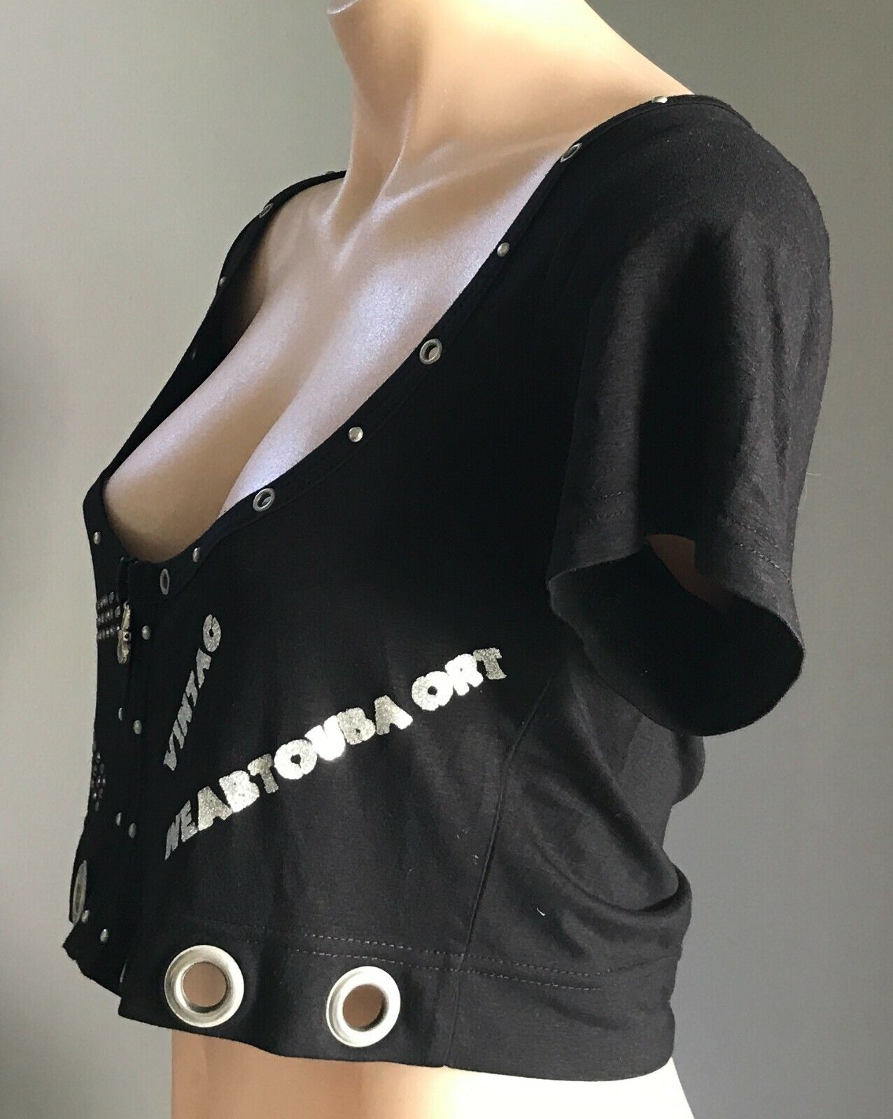 Black Stretch Zip Top Scoop Neck Short Sleeve Stud & Rivet Trim Ladies Size M 12