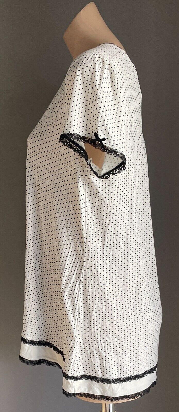 YUU Sleep Shirt Off White Black Polka Dot Short Sleeve Lace PJ Sz L 10 12 NEW