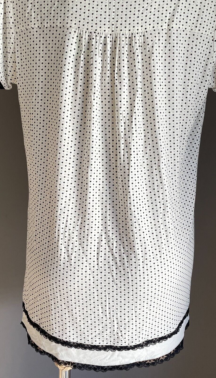 YUU Sleep Shirt Off White Black Polka Dot Short Sleeve Lace PJ Sz L 10 12 NEW