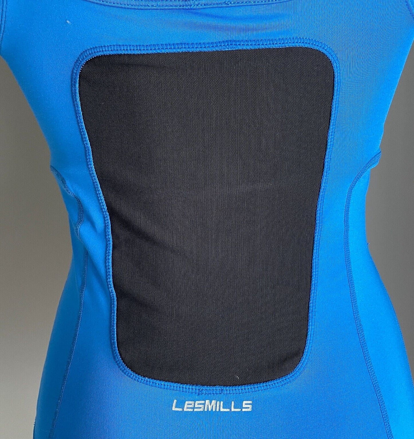 LES MILLS Tank Top Blue Black Trim Sleeveless Cut Out Back Stretch Sports Sz 10
