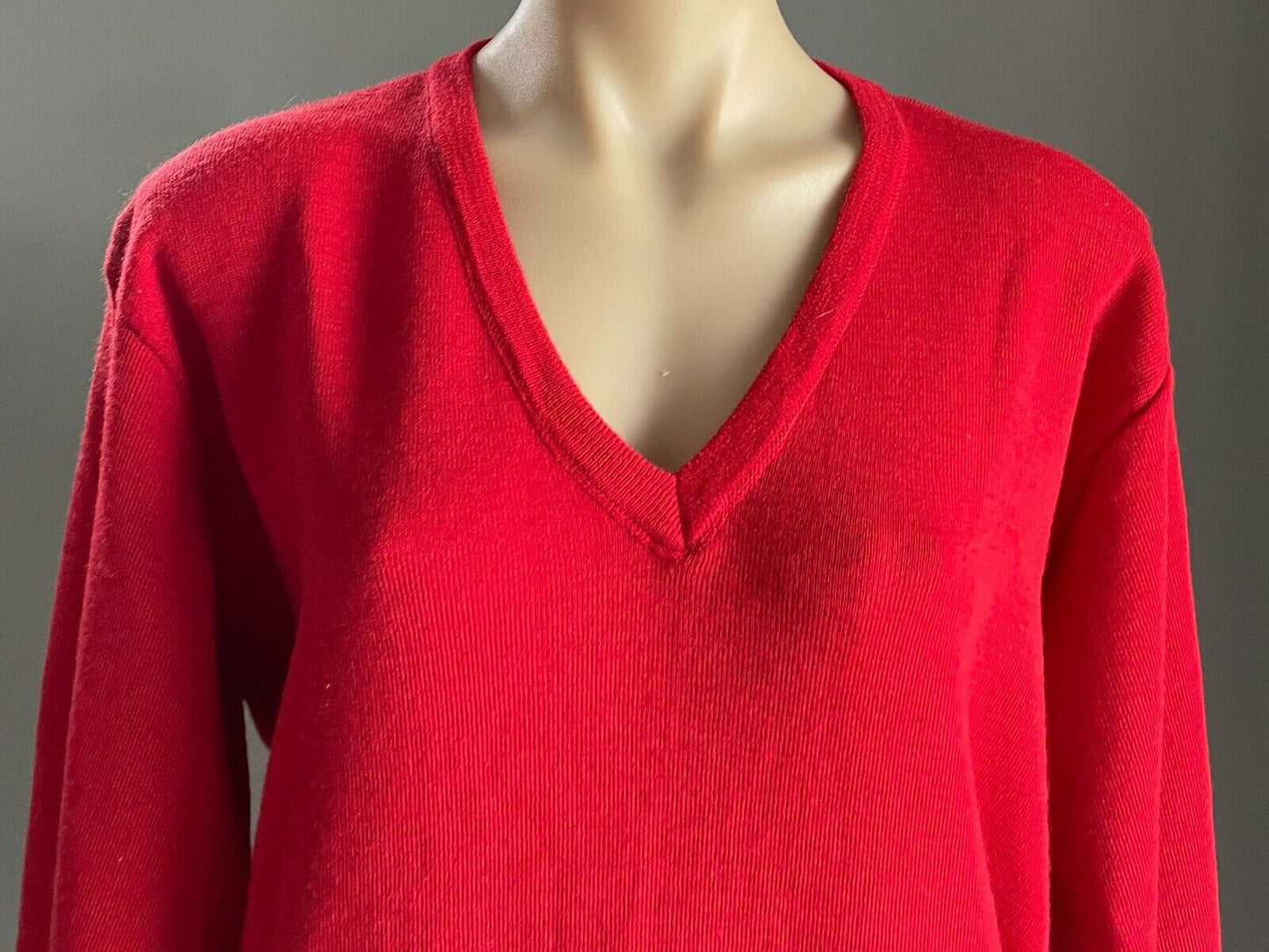 Vintage Red V-Neck Jumper Wool Knit Long Sleeve Pullover Ladies Size 12 14