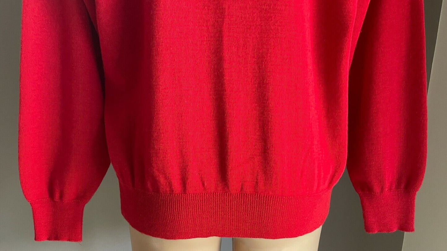 Vintage Red V-Neck Jumper Wool Knit Long Sleeve Pullover Ladies Size 12 14