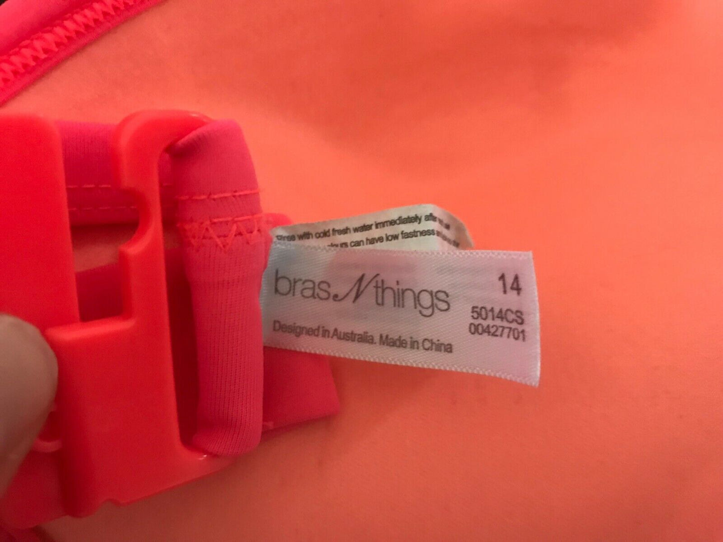 BRAS N THINGS Bikini Top Neon Pink Underwire Halter Neck Cut Out Sz 14 BRA ONLY