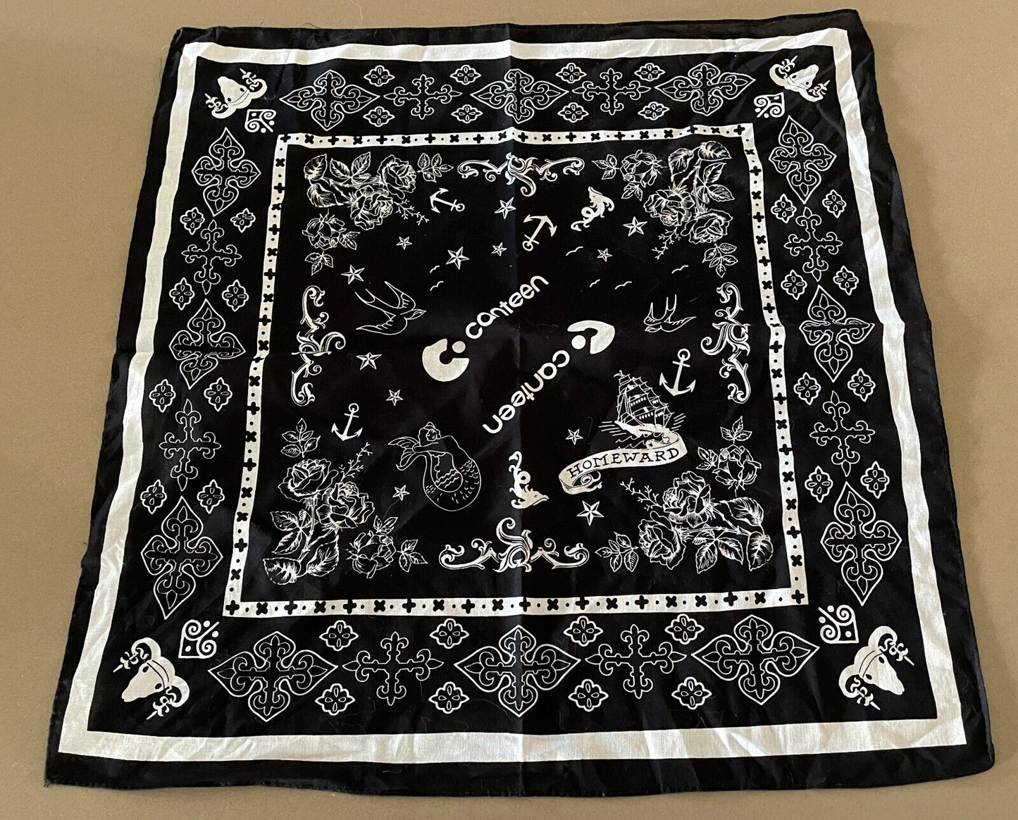 Bandana Cotton CANTEEN Black White Nautical Neck Head Scarf 56cm x 54cm NEW