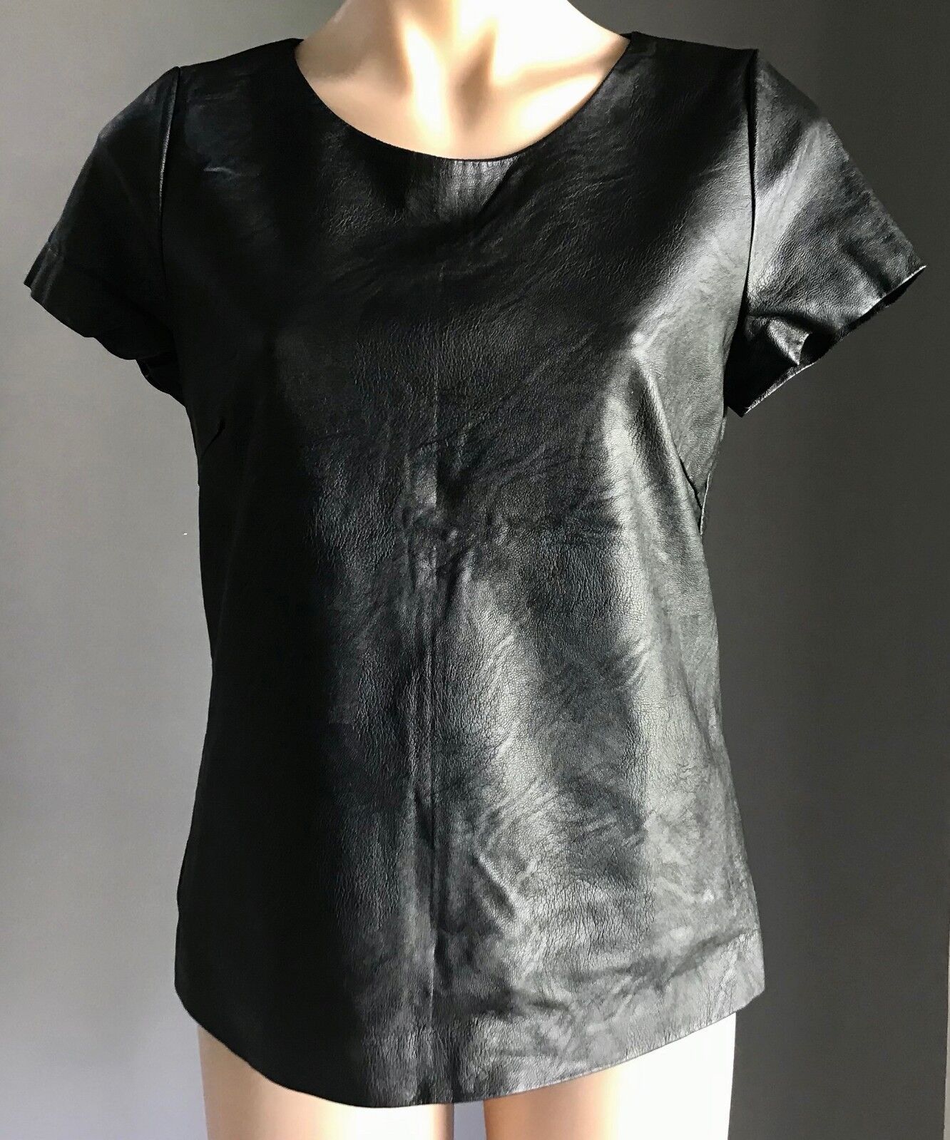 ICE FASHION PU T Shirt Short Sleeve Black Pleather Tee Top Ladies Size S 8 10