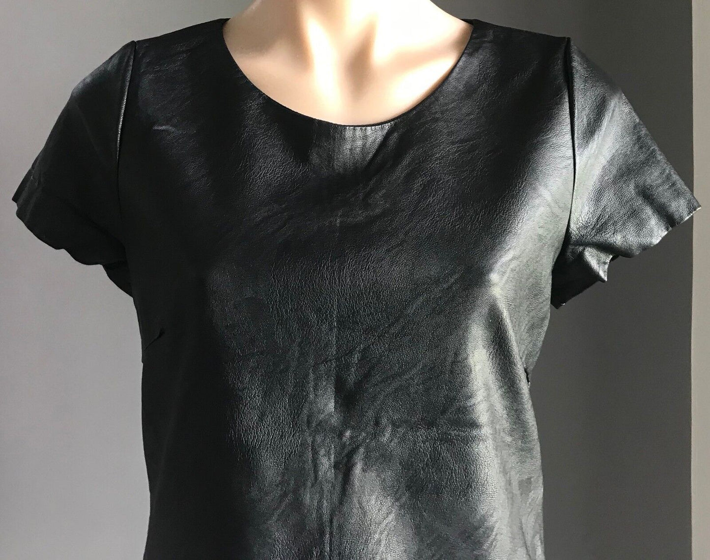 ICE FASHION PU T Shirt Short Sleeve Black Pleather Tee Top Ladies Size S 8 10