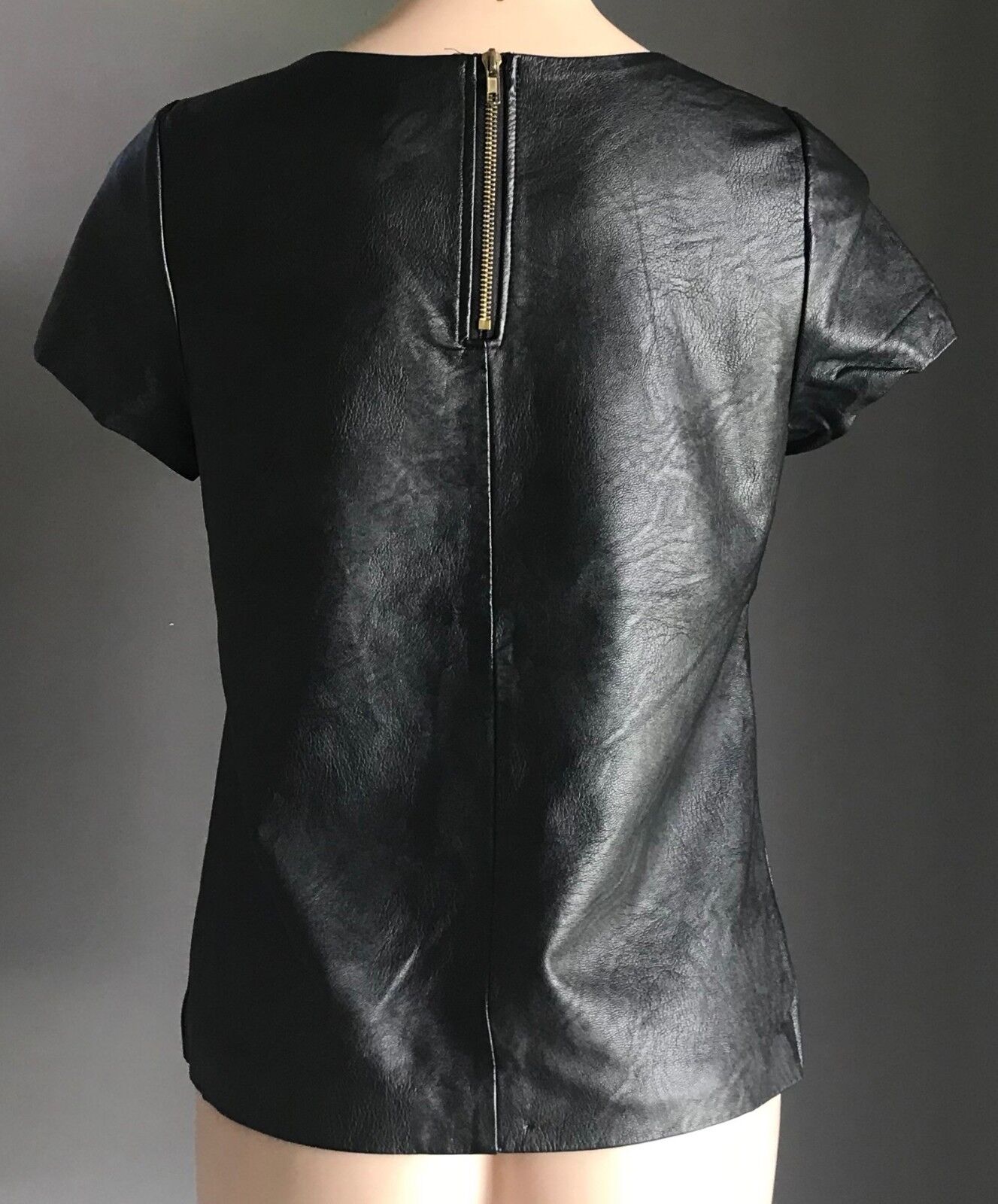ICE FASHION PU T Shirt Short Sleeve Black Pleather Tee Top Ladies Size S 8 10