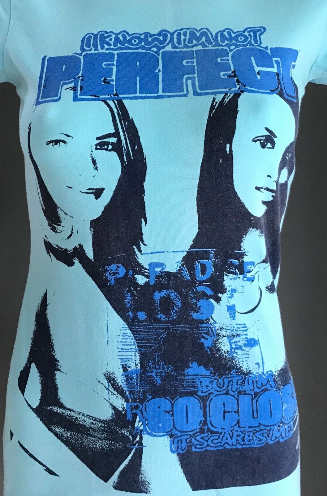 T Shirt I Know I'm Not Perfect.. Blue Motif Print Short Sleeve Ladies Size 8