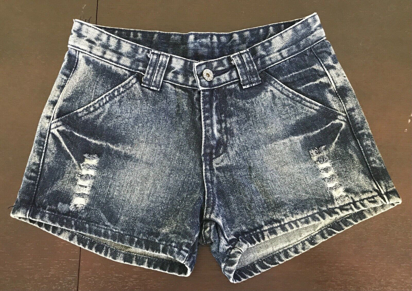 Denim Jean Shorts Dark Blue Distressed Ladies Size S 6 Cheeky Bum Buns