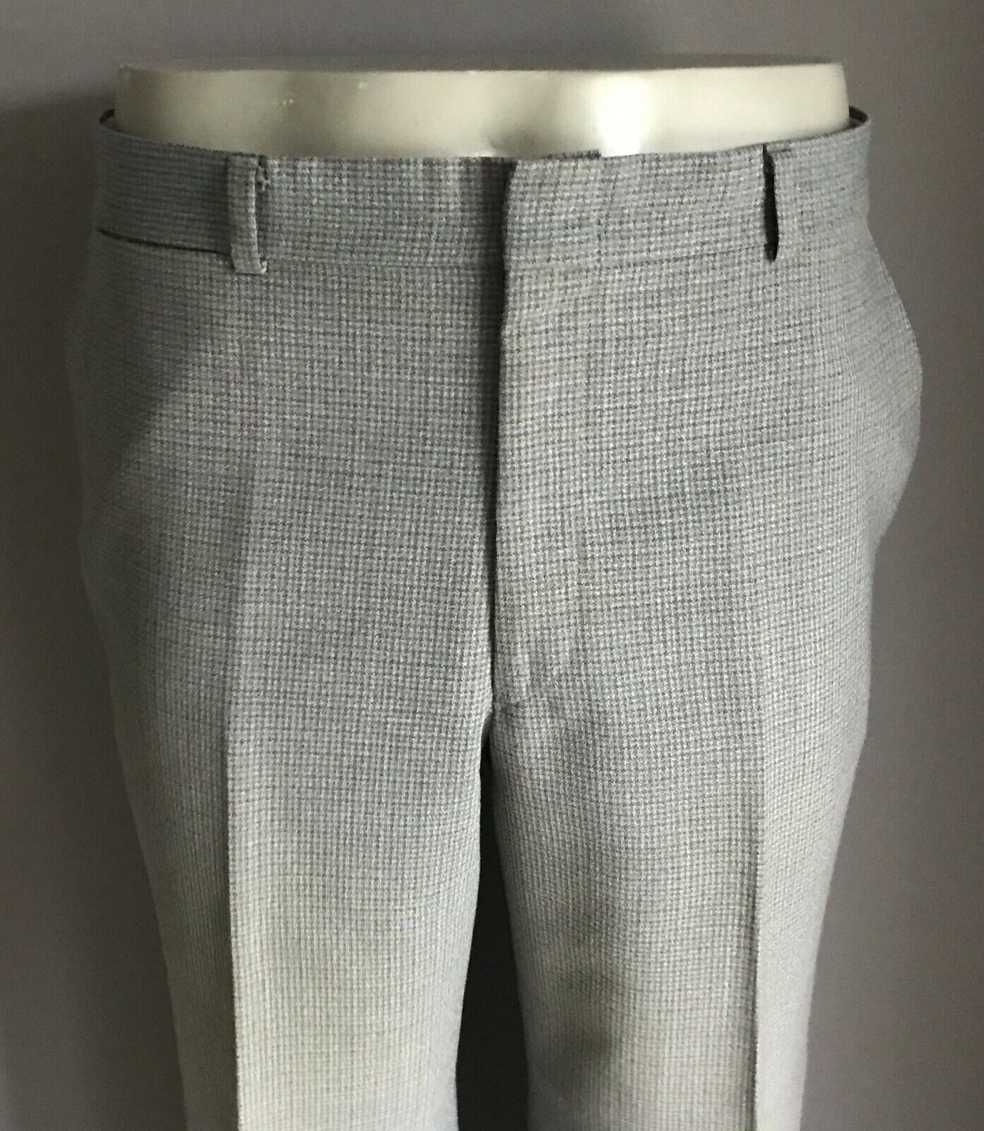 Mens EXEXS Pants Grey Blue Khaki Wool Mix Fine Check Size 96W Vintage Trousers