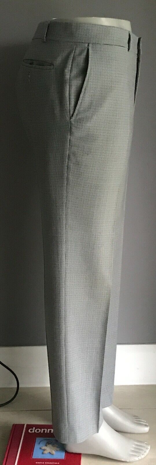 Mens EXEXS Pants Grey Blue Khaki Wool Mix Fine Check Size 96W Vintage Trousers