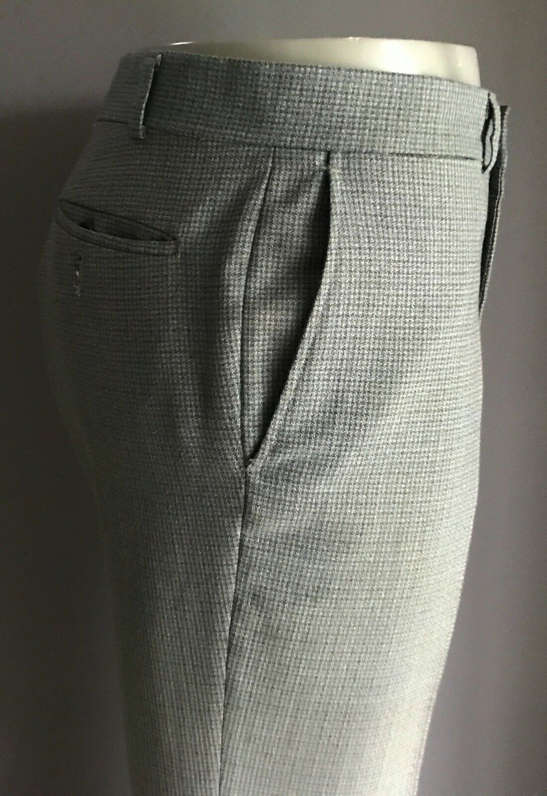 Mens EXEXS Pants Grey Blue Khaki Wool Mix Fine Check Size 96W Vintage Trousers