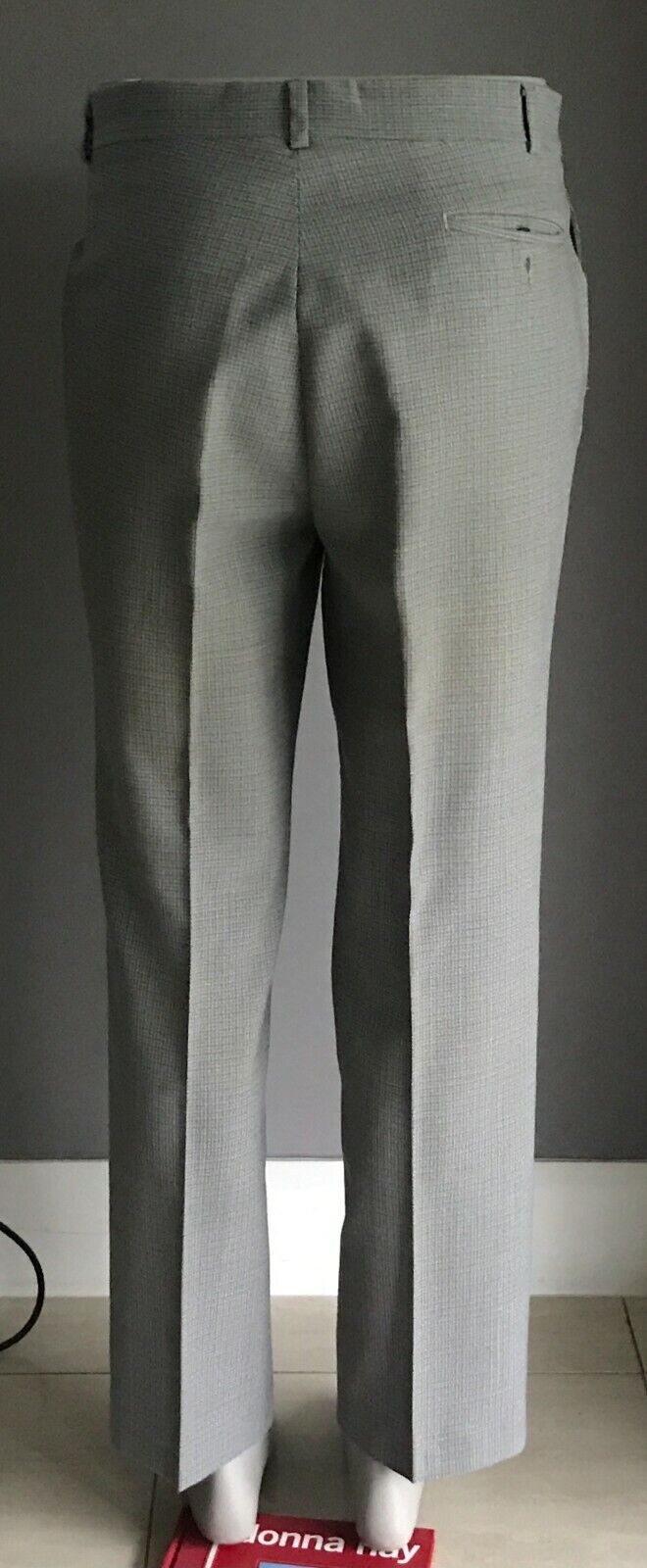Mens EXEXS Pants Grey Blue Khaki Wool Mix Fine Check Size 96W Vintage Trousers