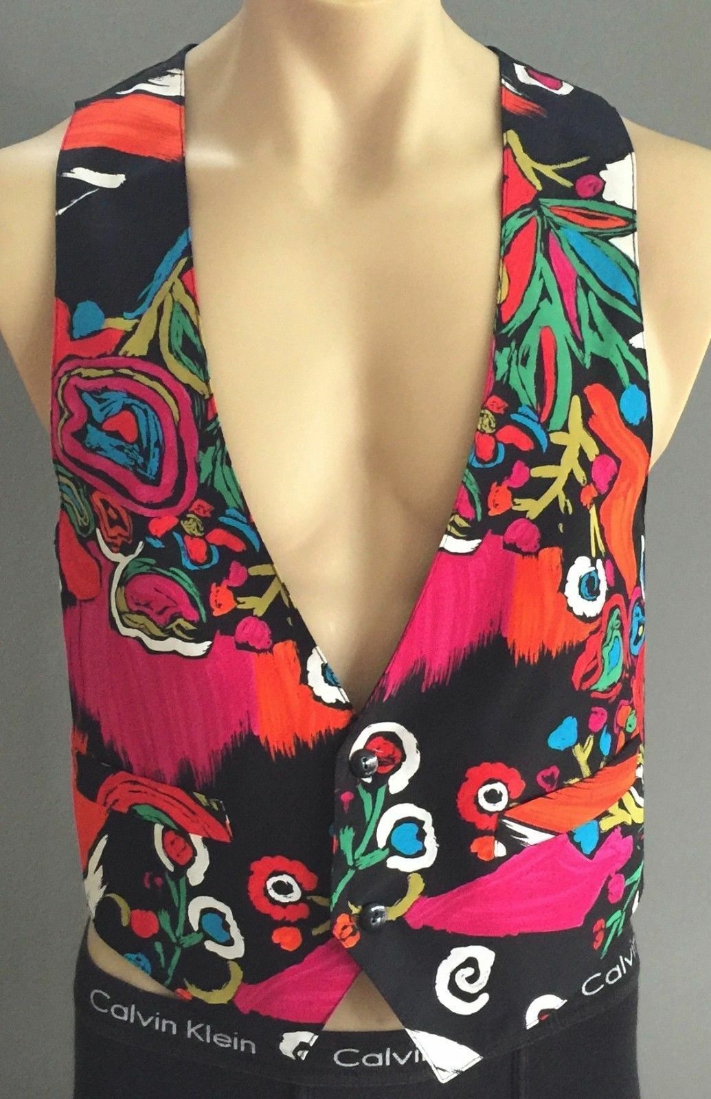 Mens Waistcoat SPOT ON Vest Black & MultiColoured Floral Print Size S