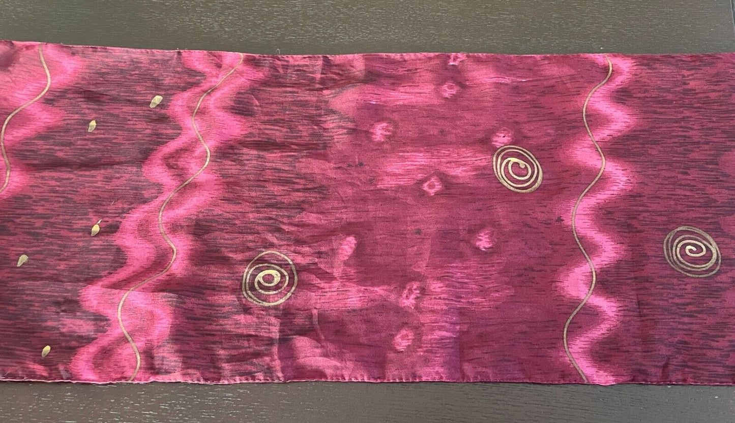 Neck SCARF Rectangle Burgundy Semi Sheer Gold Swirl Wave Print 24x 148cm Vintage