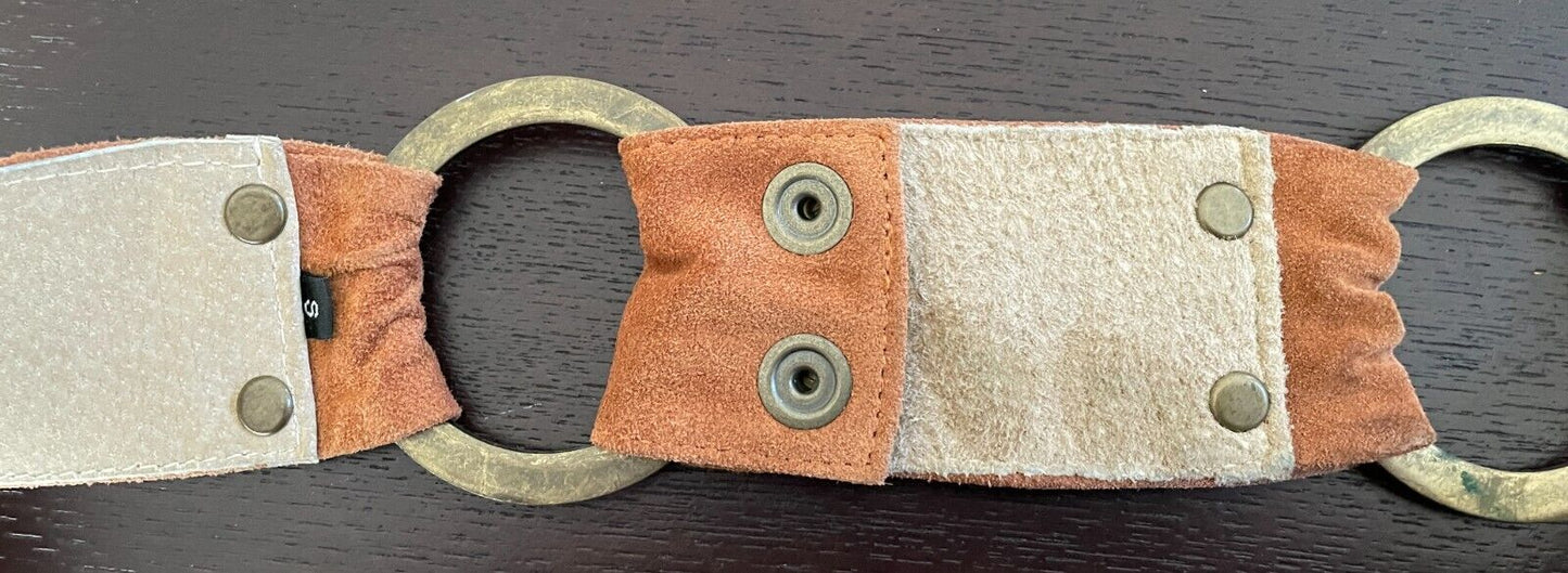 MUSEUM Suede Leather Belt 5.5cm Tan Brass Ring Detail Size S Fit Waist 82cm