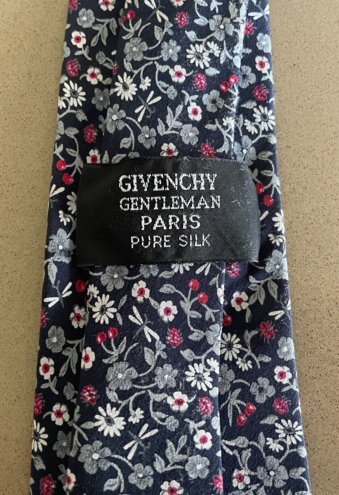 Mens Silk Tie GIVENCHY Navy Grey White Cerise Floral Hand Made Paris NeckTie