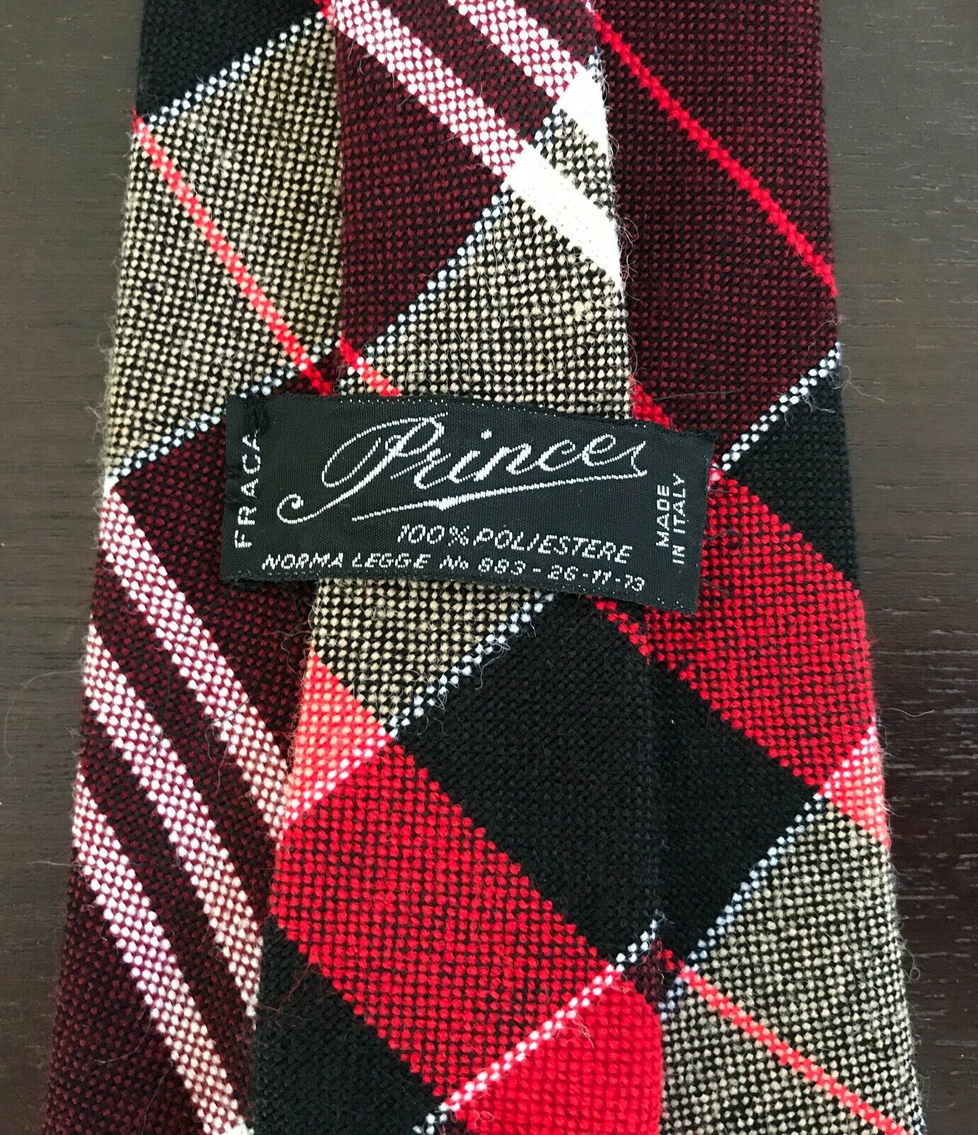 Vintage 1973 Mens Wide PRINCE Tie Red Black Tan Wool Feel Plaid Tartan Tie Italy