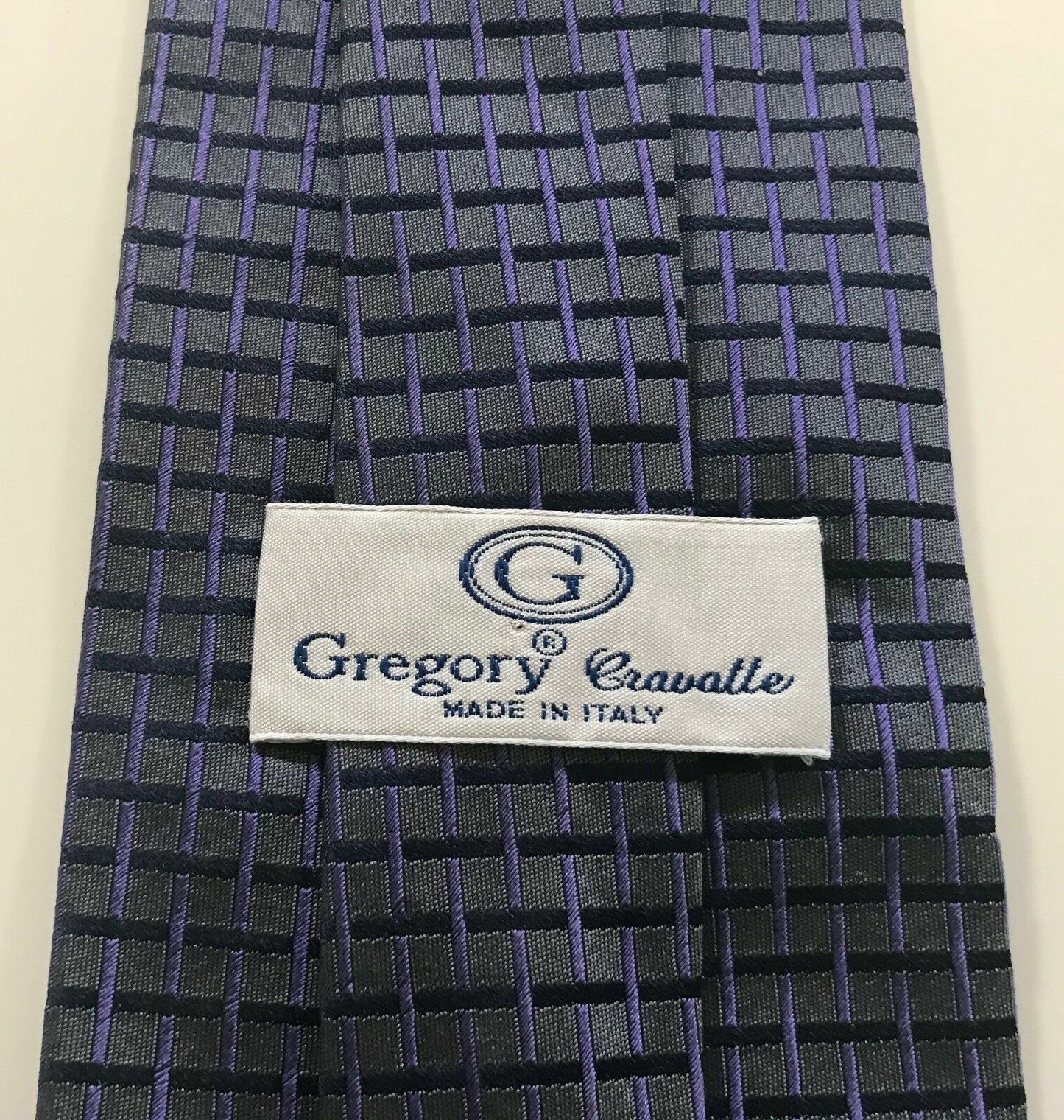 Mens Silk Tie GREGORY CRAVATTE Charcoal Grey Mauve & Black Geo Shiny Jacquard