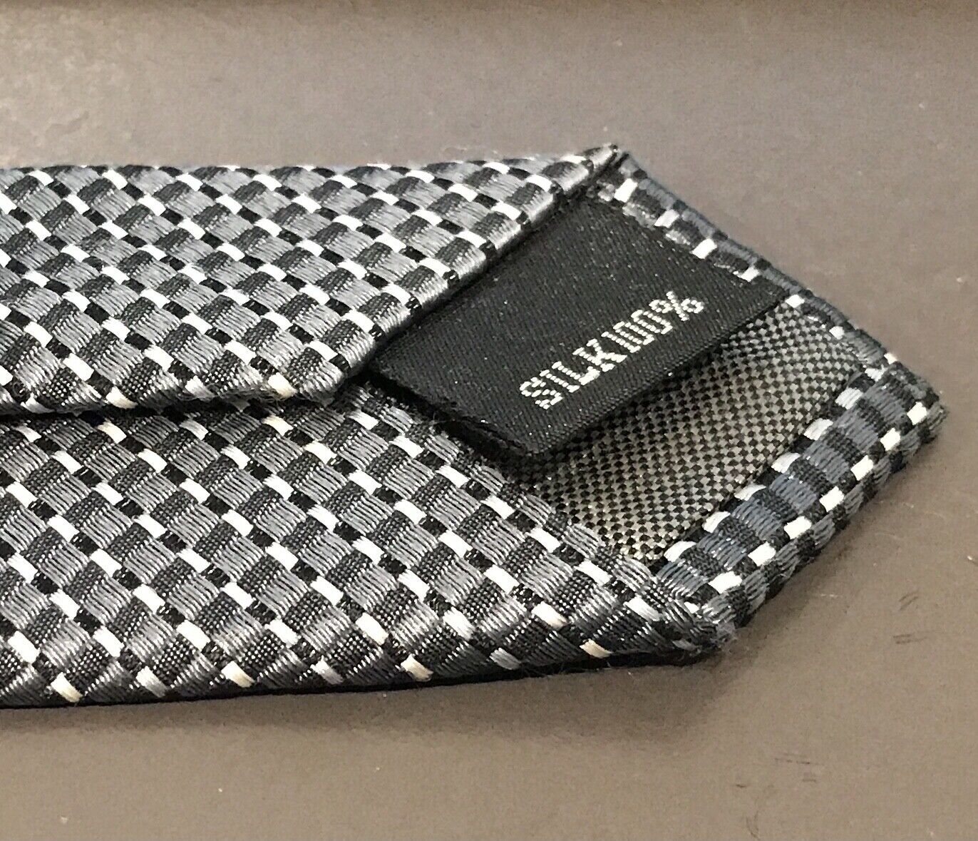 Mens Silk Tie RUDOLPH VALENTINO Black Grey Silver & Off White NeckTie Elegant