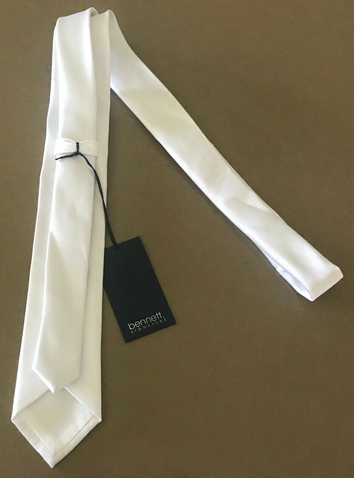 Vintage Mens Skinny Tie BENNETT SIGNATURE White Microfibre NeckTie Wedding NEW