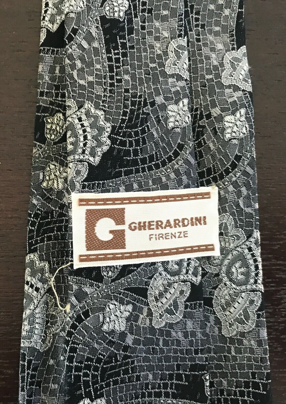Mens GHERARDINI Silk TIe Grey Black Silver Floral Mosaic Print Italian Neck Tie