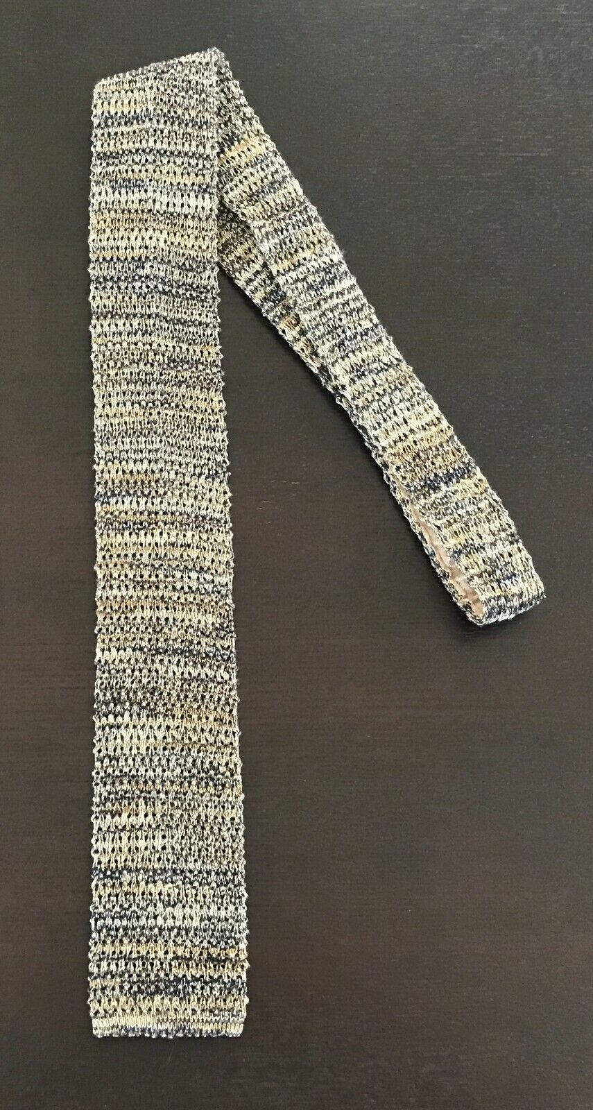 Vintage Boucle TIE Gold Shades Brown Black Cotton Knit Square End Mens NeckTie