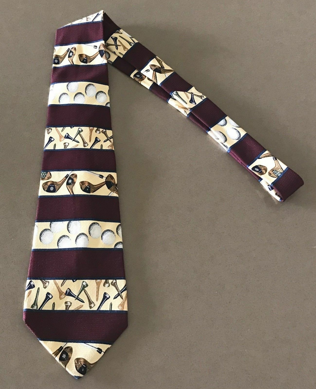 Mens Silk Te EARTHLY GOODS Burgundy Cream Stripe Golf Motif Print USA NeckTie