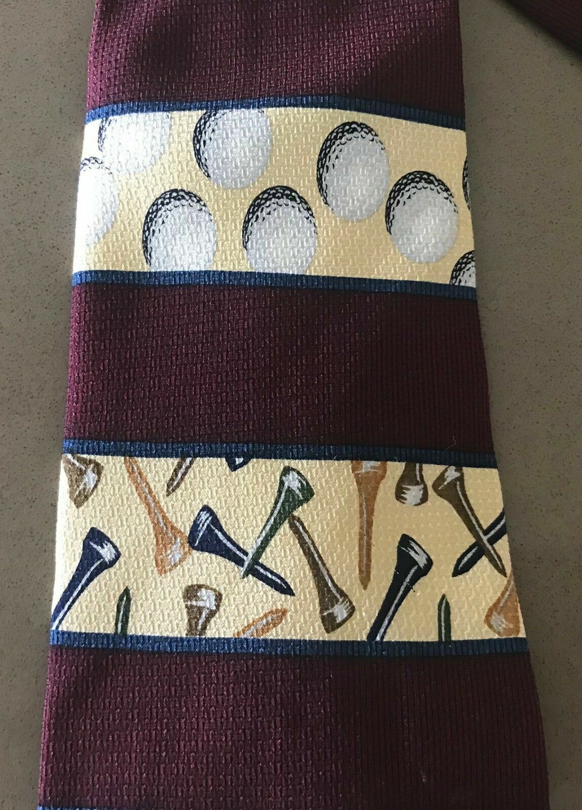 Mens Silk Te EARTHLY GOODS Burgundy Cream Stripe Golf Motif Print USA NeckTie