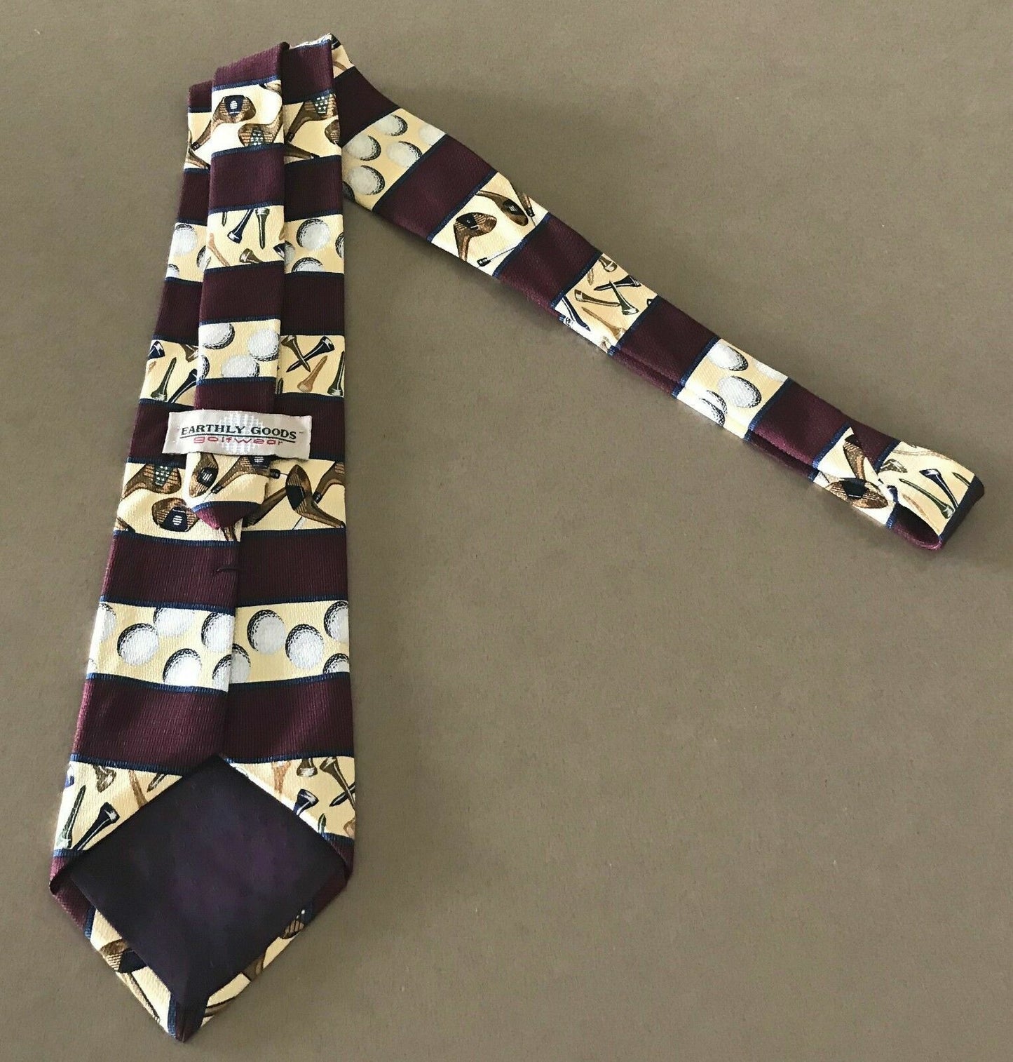 Mens Silk Te EARTHLY GOODS Burgundy Cream Stripe Golf Motif Print USA NeckTie