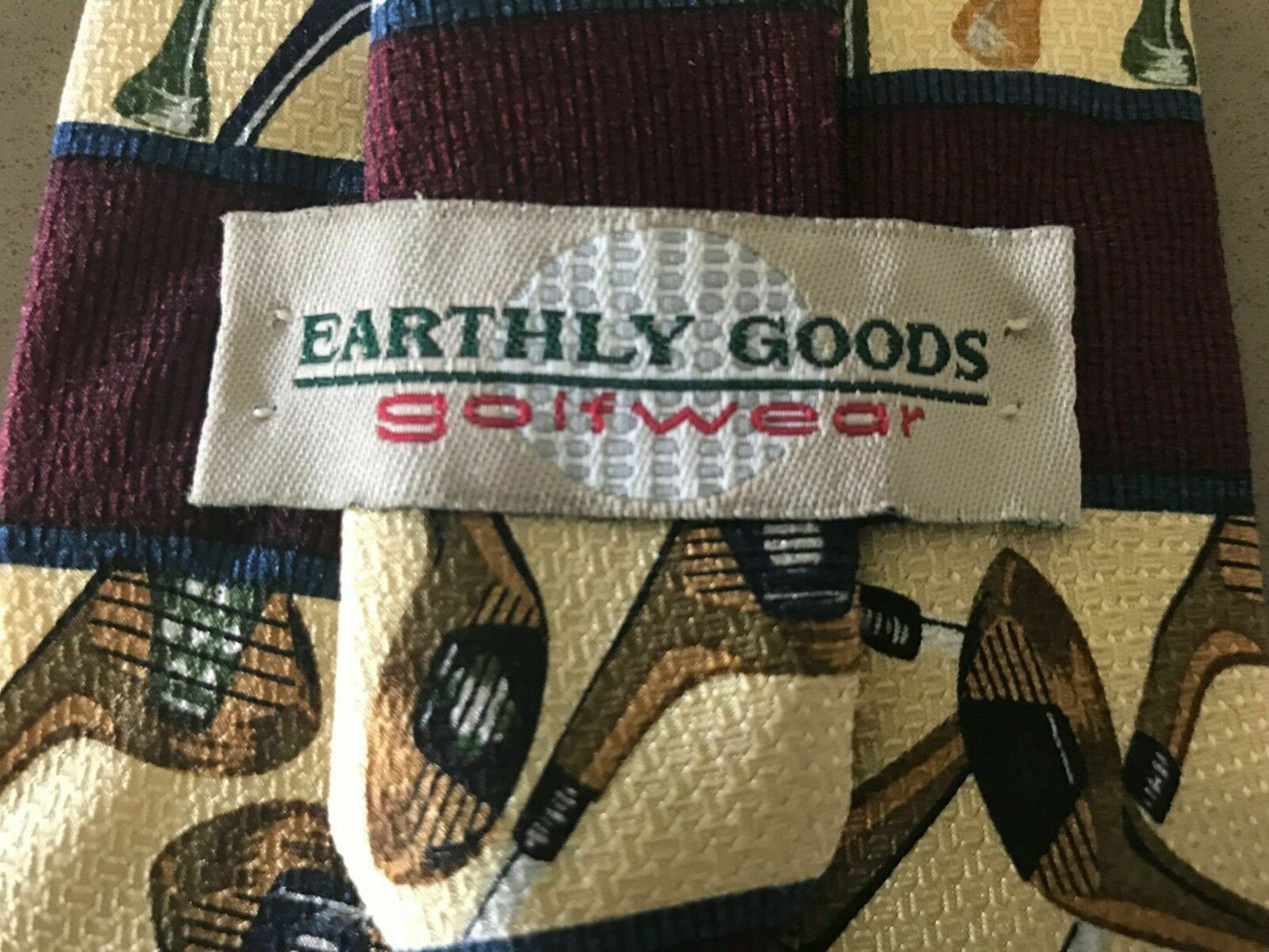 Mens Silk Te EARTHLY GOODS Burgundy Cream Stripe Golf Motif Print USA NeckTie