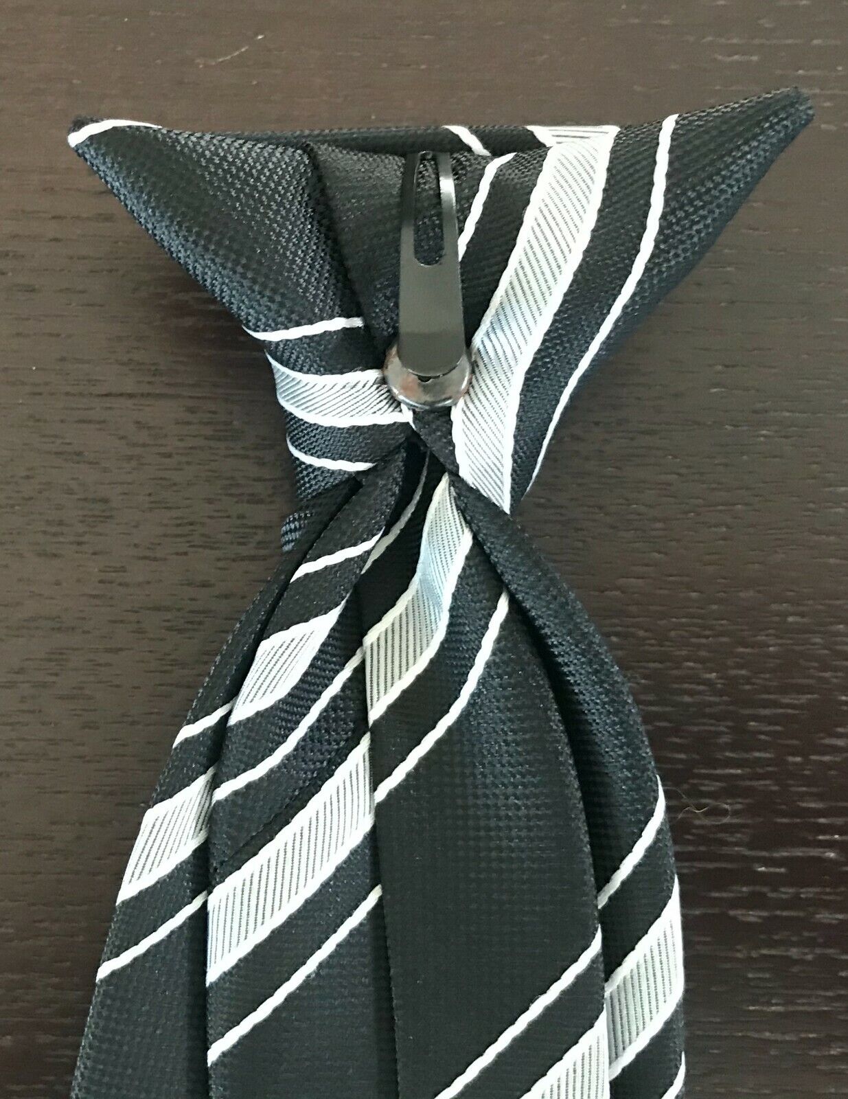 JOSEPH DAHDAH & CO Mens Clip On Tie Black & Silver Stripe Pre-Tied Necktie NEW
