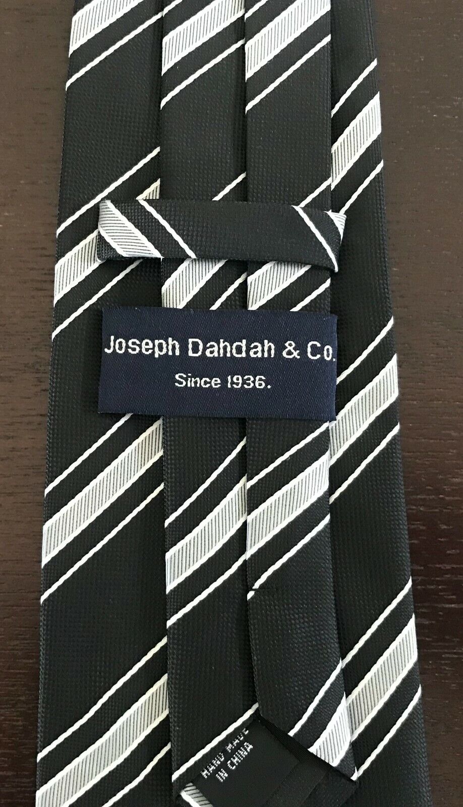 JOSEPH DAHDAH & CO Mens Clip On Tie Black & Silver Stripe Pre-Tied Necktie NEW