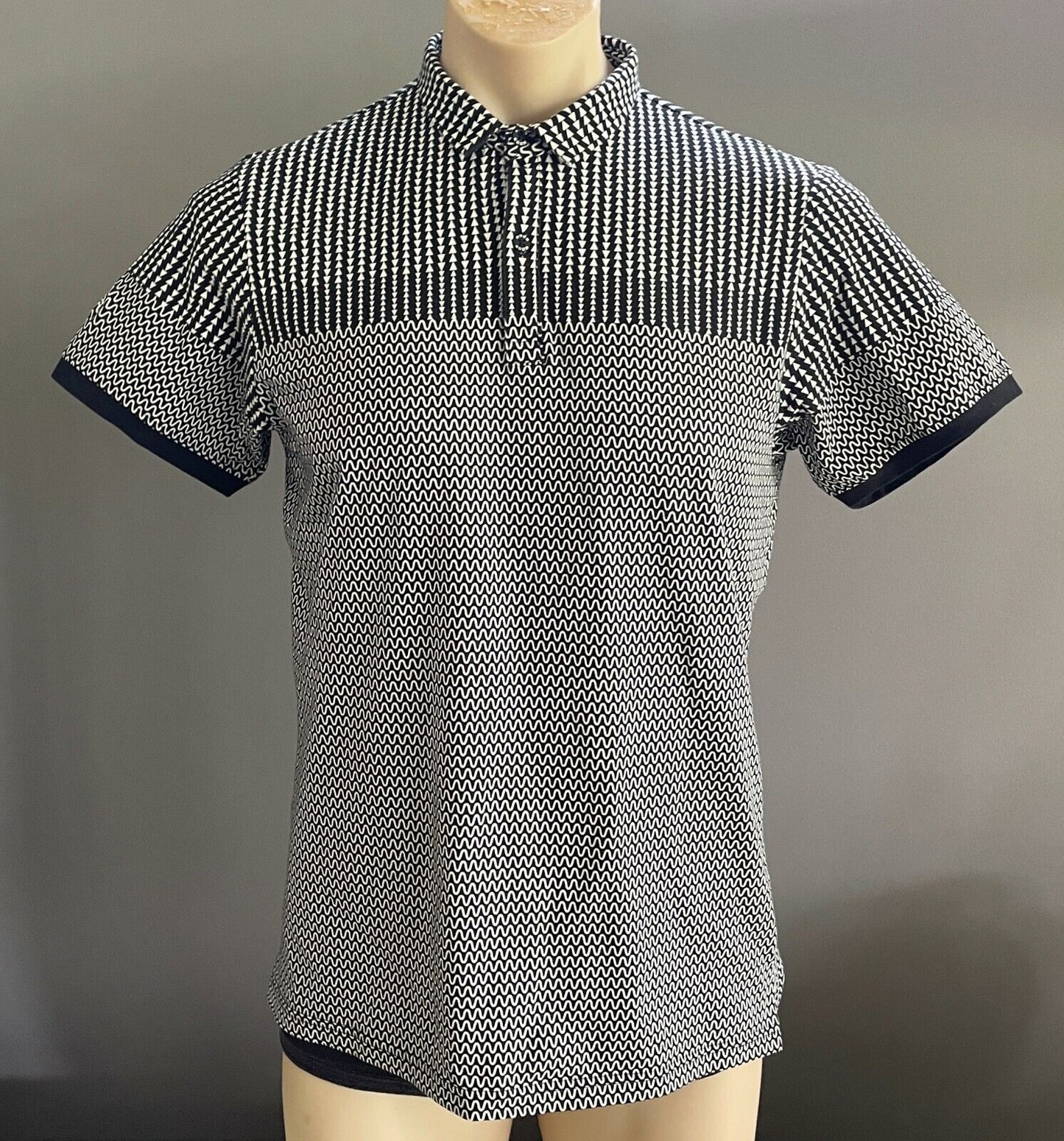 Polo Shirt EDGE Black White Geo Print Slim Fit Stretch Short Sleeve Tee Mens SzL