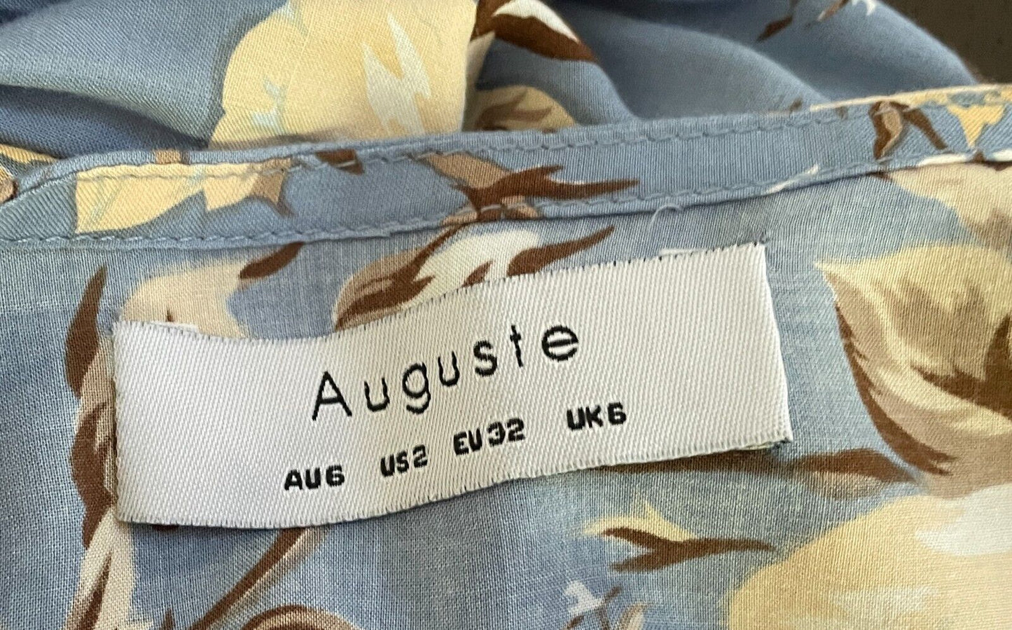 AUGUSTE THE LABEL Cornflower Blue Floral Print Wrap Frill Trim Mini Dress Sz 6 8