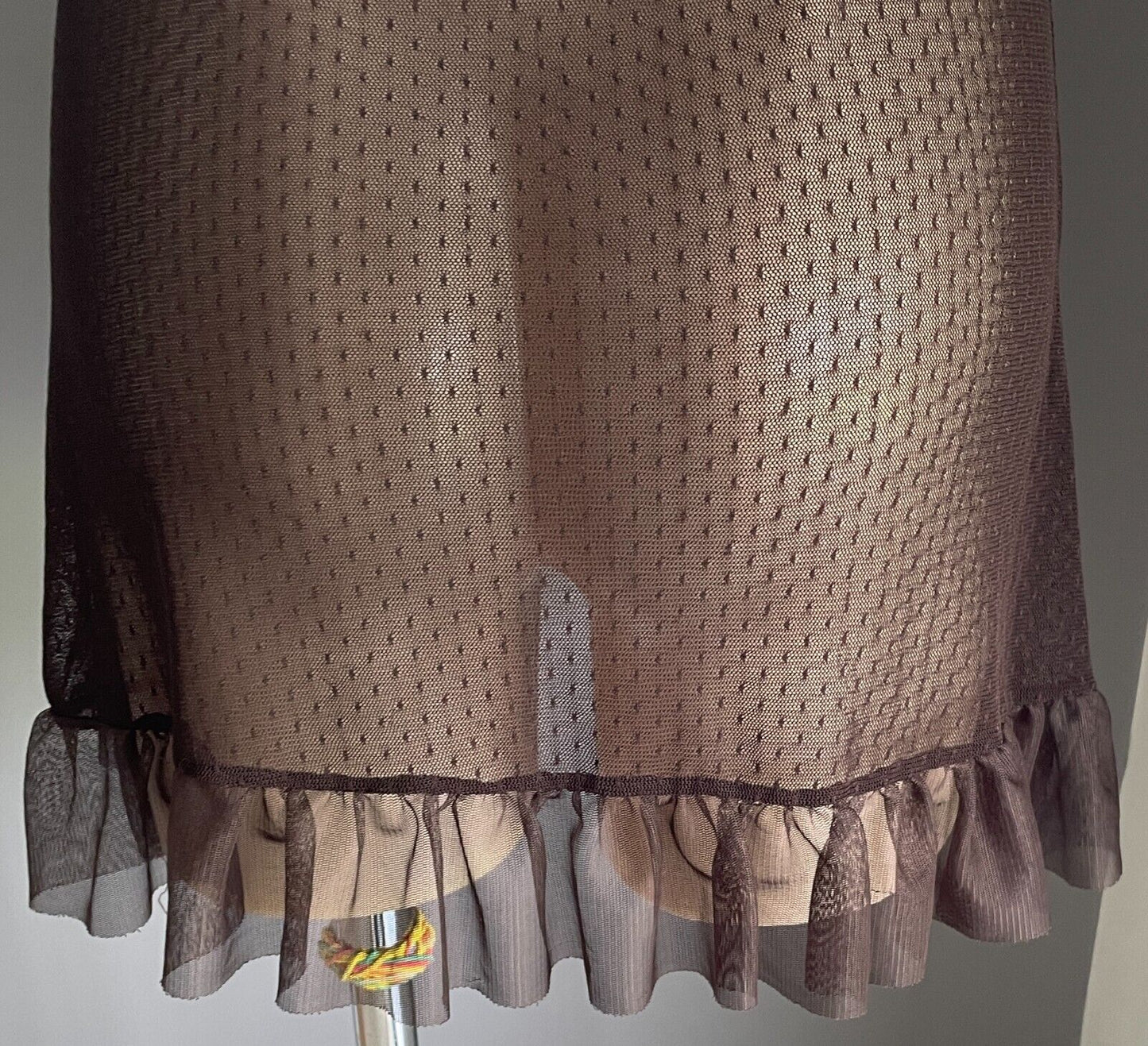 Chemise Sexy Lingerie Dobby Mesh Net Brown Sheer Ruffle Trim Size 10/12