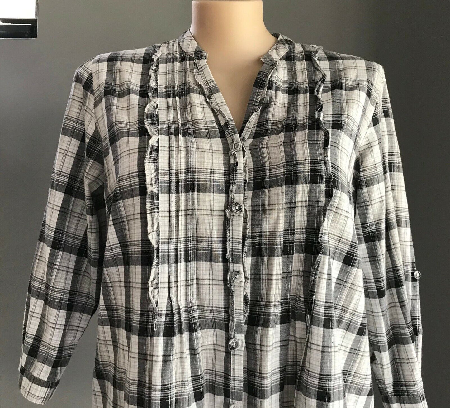 WOMAN Shirt Top Grey Black White Metallic Check Ruffle Trim Blouse Plus Size 20