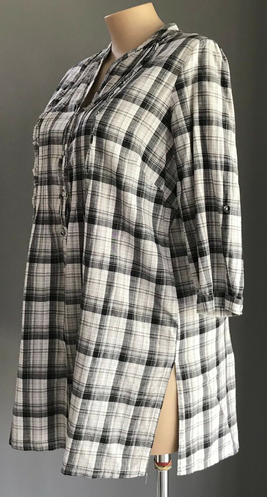 WOMAN Shirt Top Grey Black White Metallic Check Ruffle Trim Blouse Plus Size 20