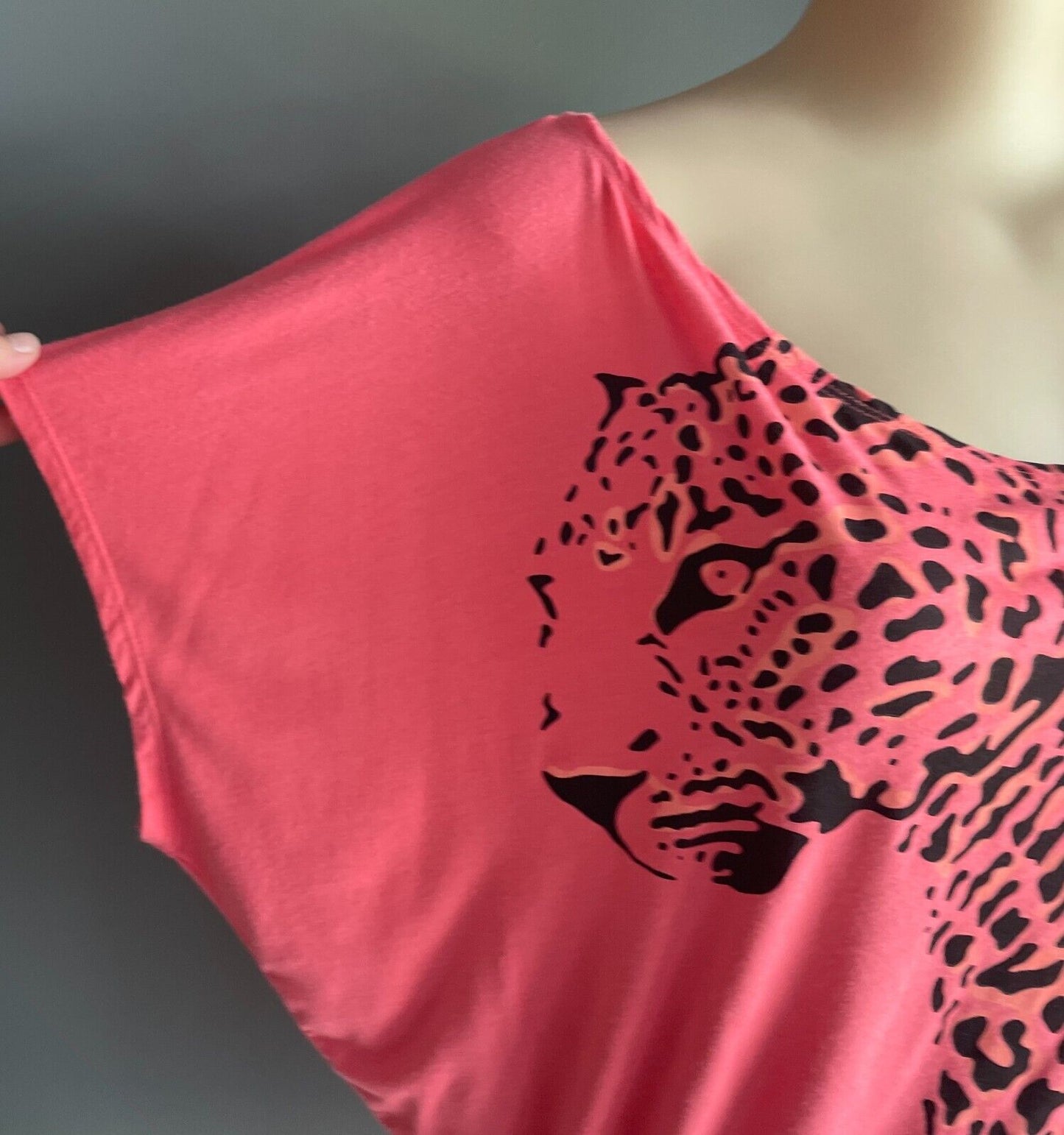 LILLY & LOU Top Coral Red Leopard Print One Shoulder Tunic Blouse Plus Size 22