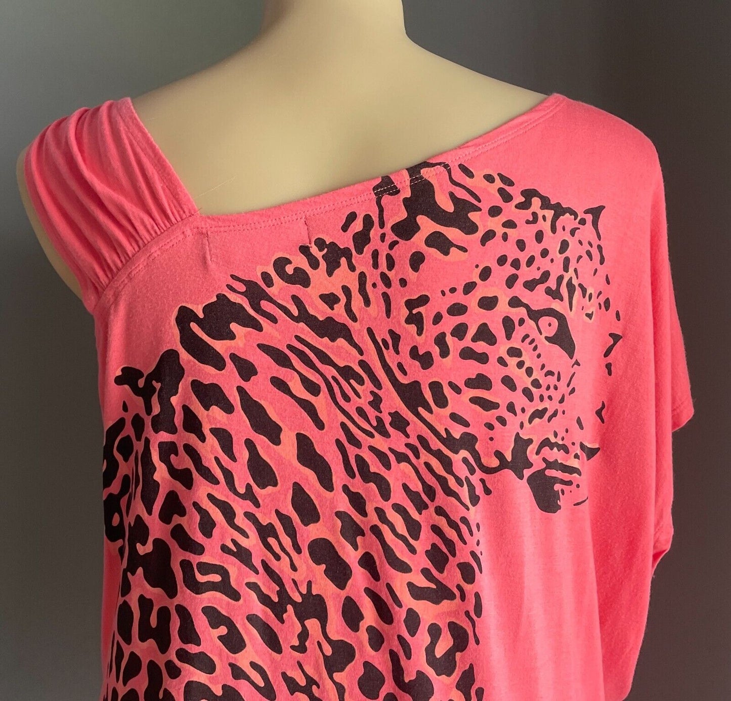 LILLY & LOU Top Coral Red Leopard Print One Shoulder Tunic Blouse Plus Size 22