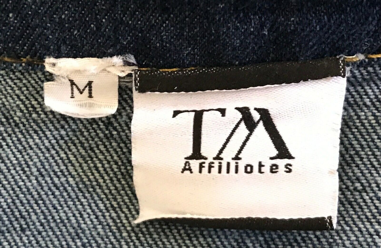 Mens Denim Jeans Jacket TM AFFILIATES "Runway Slaves" Blue Back Print Sz M
