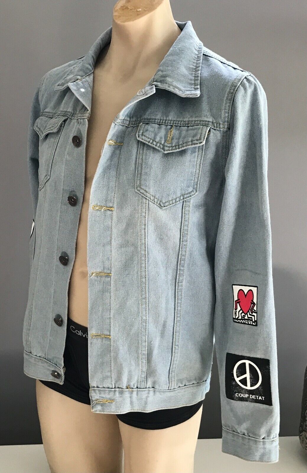 Denim Jeans Jacket G DRAGON Light Blue Print Logo's All Over Mens Size XL 102cm