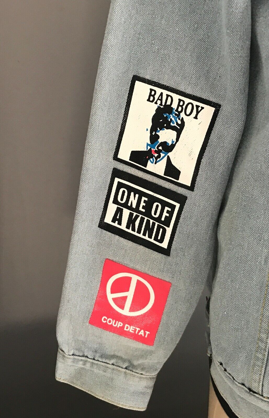 Denim Jeans Jacket G DRAGON Light Blue Print Logo's All Over Mens Size XL 102cm
